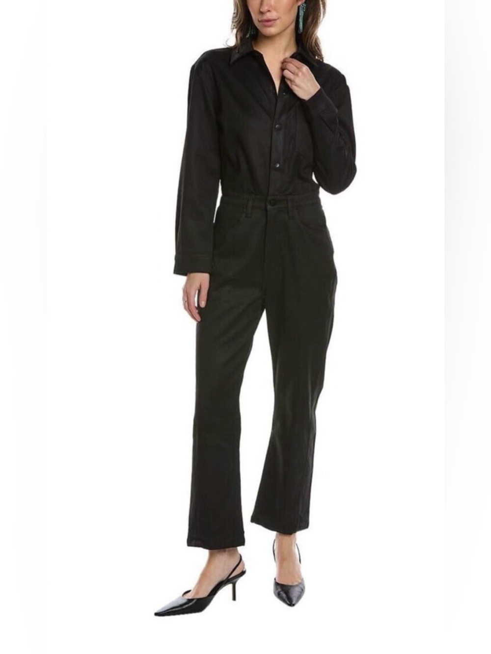 NWT DL 1961 Freja jumpsuit, coated black, women’s size Large. Snap up, one piece